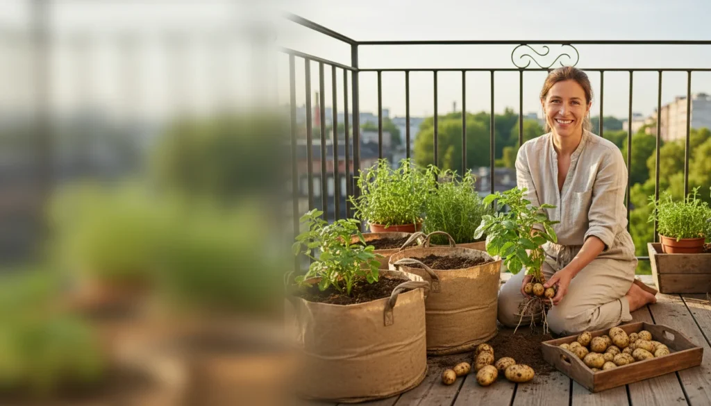 Pommes de terre en sac : récolte généreuse sur petit balcon - Image de couverture